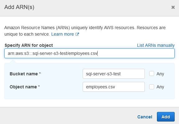 S3 to SQL Server: adding object to arn
